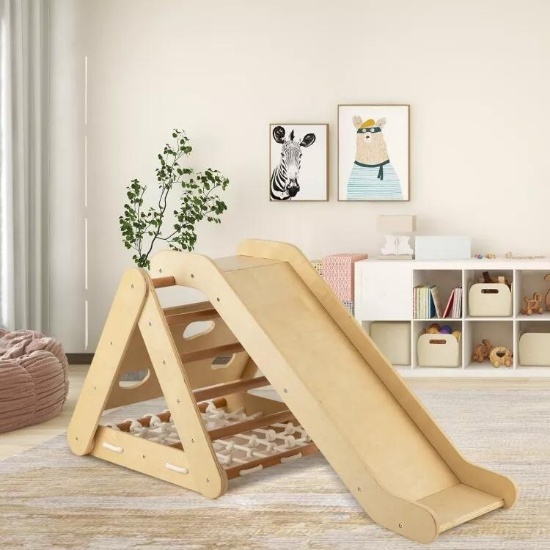 Costway 4 in 1 Natural Wooden Ramp and Slide Climbing Set