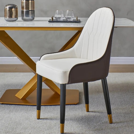 Dining Chair Set with PU Leather White Solid Wood Metal Legs (Set of 2)