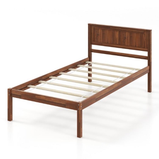 Brown Walnut Wood Frame Twin Size Platform Bed Frame with Headboard
