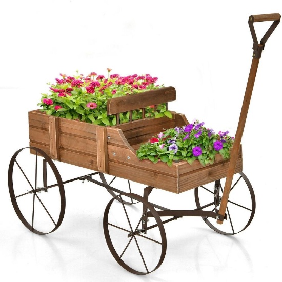 Costway Garden Plant Planter Wooden Wagon Planter W/ Wheel Garden Yard - Brown