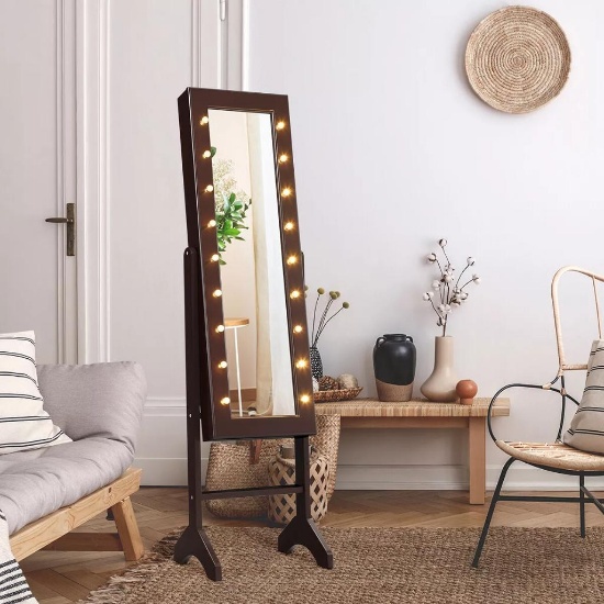Mirrored Jewelry Cabinet Freestanding Armoire Organizer with 18 LED Lights - Brown