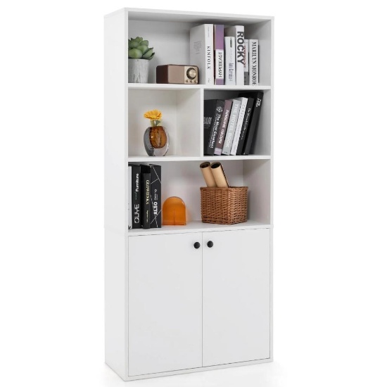 3-Tier Bookcase with Doors, 61" Tall Bookshelf with 4 Open Cubes & Adjustable Shelf, White