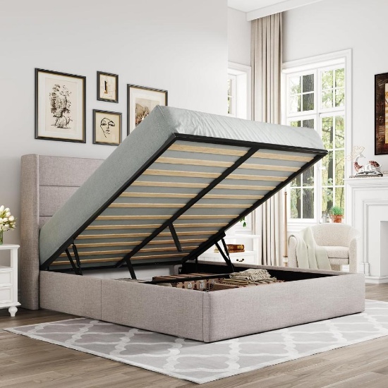 Allewie Full Size Lift Up Storage Bed, Modern Wingback Headboard, No Box Spring Needed