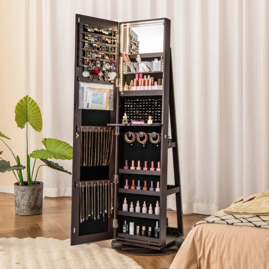 360 deg Rotating Mirrored Jewelry Cabinet Armoire with 3 Color LED Modes Lockable - Espresso