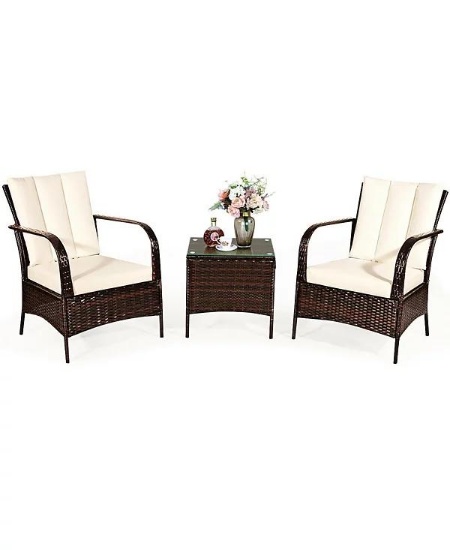 Costway Patio Rattan Furniture Set Coffee Table & 2 Rattan Chairs - White