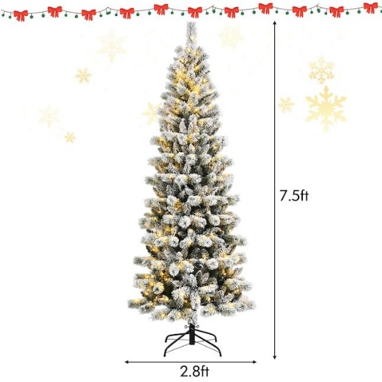 Costway 7.5-ft Pre-lit Pencil Flocked White Artificial Christmas Tree with Multicolor LED Lights