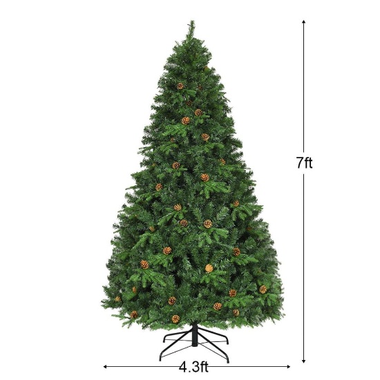 Costway 7Ft Pre-Lit Christmas Tree Hinged 460 LED Lights Pine Cones