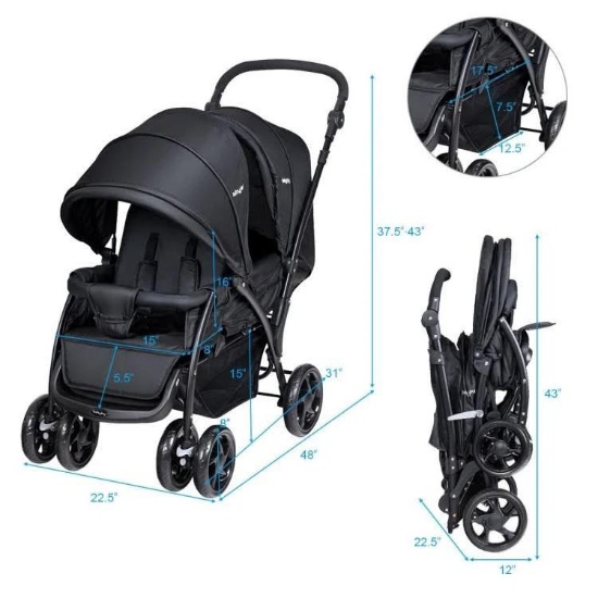 Costway Foldable Lightweight Front Back Seats Double Baby Stroller - Black