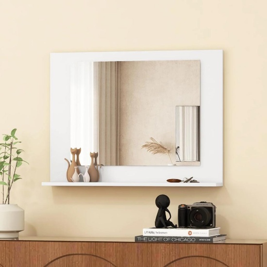 CHARMAID Bathroom Mirror with Shelf - 24" x 18" Wall Mirror Over Bathroom Sink - White