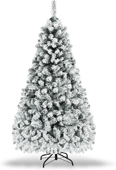 COSTWAY 7.5 FT Pre-Lit Christmas Tree, Snow Flocked Hinged Xmas Tree