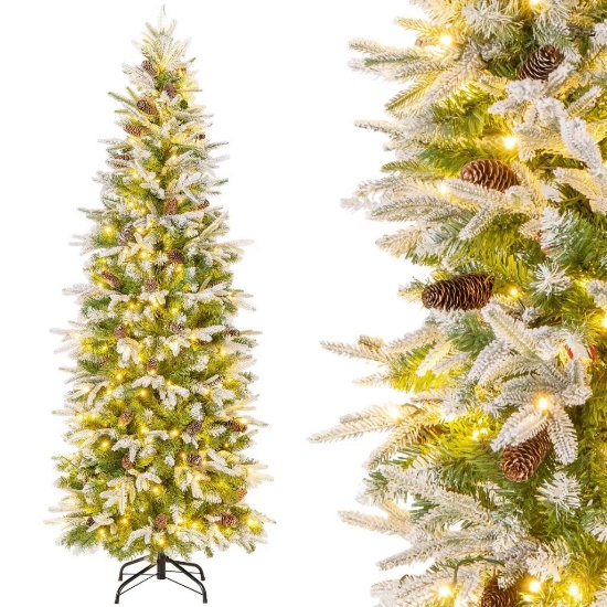 Costway 6/7.5/9 FT Flocked Christmas Tree with PVC Branch Tips - White LED Lights
