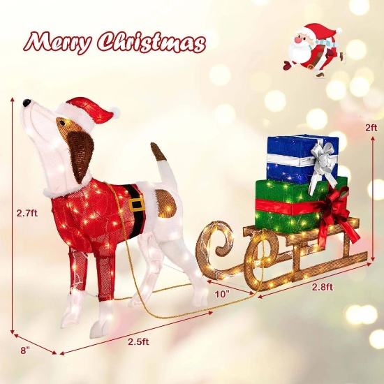 Costway Pre-Lit Christmas Dog Sleigh & Gift Boxes Combo Xmas Decoration with 170 Lights