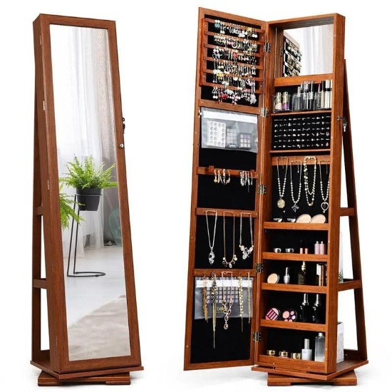 Costway 360... Rotatable 2-in-1 Lockable Jewelry Cabinet with Full-Length Mirror - Brown