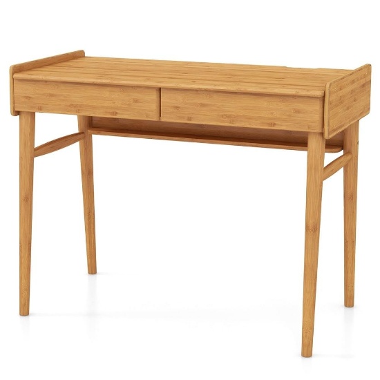 Costway Bamboo Writing Desk 39.5'' Computer Study Desk with 2 Storage