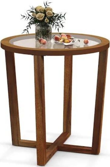 Modern Round End Table Sofa Side Table with Transparent Tempered Glass Top