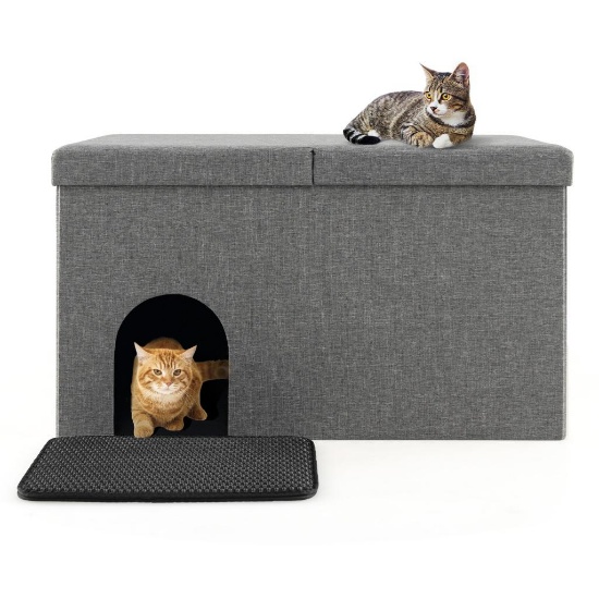 Cat Litter Box Enclosure Hidden Furniture w/ Urine Proof Litter Mat-Gray