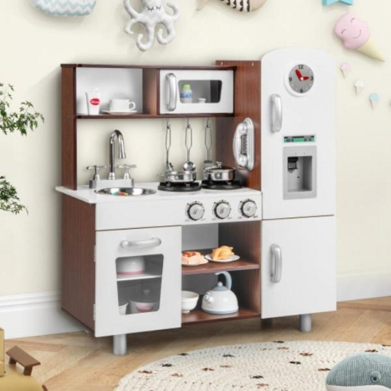 Kids Kitchen Playset with Realistic Sounds & Lights, Brown & White