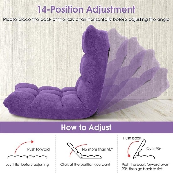 Adjustable 14-Position Folding Floor Chair Cushioned Lazy Gaming Sofa - Purple