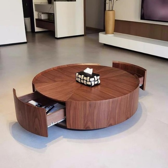 Brown Walnut Wood Midcentury Coffee Table with Storage