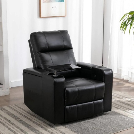 Ryun 33.1'' Wide Contemporary, Breathable Leather Power Recliner with Arm Table - Black Leather