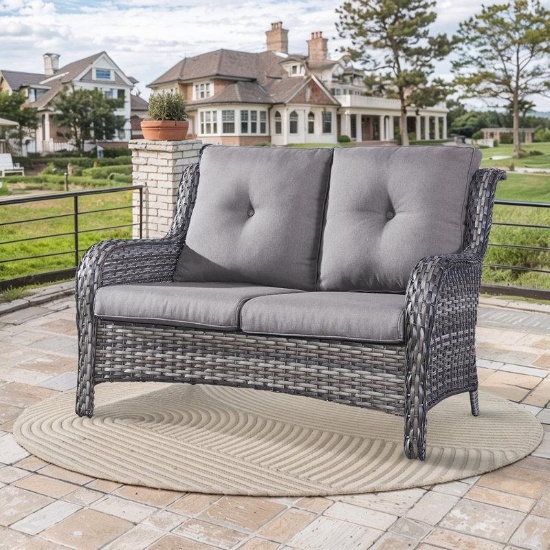 Schutt 50" Wide Outdoor Wicker Loveseat With Cushions, Gray, Gray