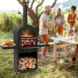 Outdoor Pizza Oven with Protective Cover & Grill Racks & Built-in Thermometer