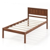 Brown Walnut Wood Frame Twin Size Platform Bed Frame with Headboard