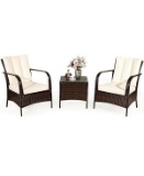 Costway Patio Rattan Furniture Set Coffee Table & 2 Rattan Chairs - White
