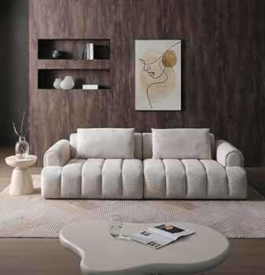 100" Teddy Velvet Upholstered Sofa, Modern Sectional Sofa Couch - Beige