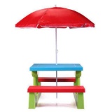 Blue Plastic Kids Outdoor Picnic Table Set with Umbrella Kids Activity Play Table with Bench