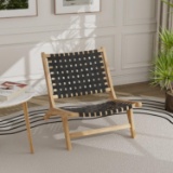 Armless Teak Wood Lounge Chair with Nylon Woven Backrest & Seat - Black