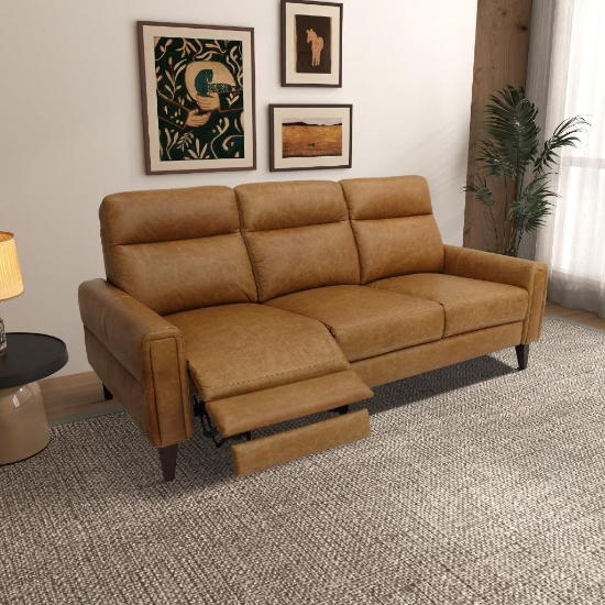 Genuine Leather Inclining 3-Seater Sofa - Tan