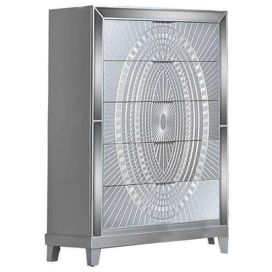 Titanic Furniture Nova Gray 5 Drawer Chest in High Polished Acrylic with Carved Design on Drawers