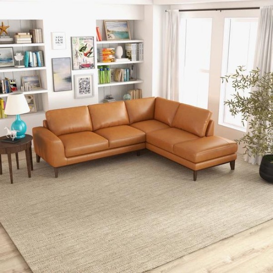 ASHCROFT FURNITURE Mayfair Leather Right Sectional Chaise - Tan 34.6" X 83.1" X 32.9"