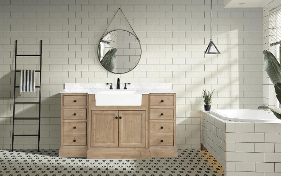 Kelly 60 in. Single Bath Vanity in Weathered Fir with Marble Vanity Top in Carrara White Top