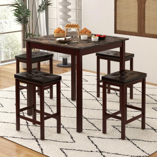 5-Piece Bar Table Set Counter-Height Dining Table and 4 Bar Stools - brown