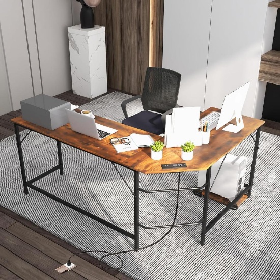 Costway L-shaped Gaming Desk Computer Desk with CPU Stand Power Outlets - Rustic Brown