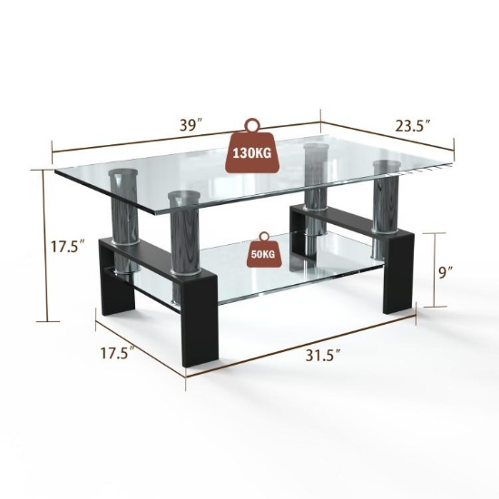 Two Tier Square Glass Coffee Table - Black