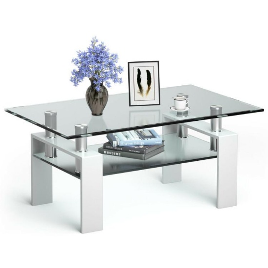 2-Tier Rectangle Glass Coffee Table - White