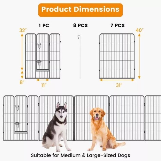 40" Outdoor Pet Playpen Fence Safety Portable 8 Panel w/Heavy-Duty Metal Frame