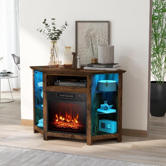 Electric Fireplace TV Stand for TVs Up to 50" w/ 16-Color LED Lights, Adjustable Shelves - Brown