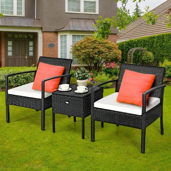 Costway 3-Piece Rattan Patio Furniture Set - black with teal cushions