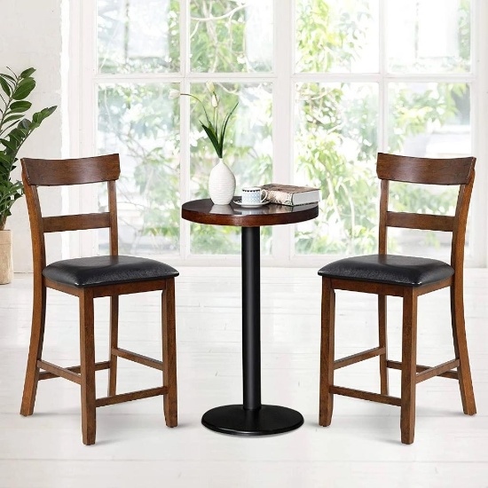 2 Piece Counter Height Chair Set with Leather Seat and Rubber Wood Legs