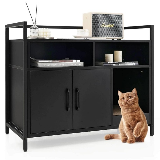 Costway Hidden Cat Washroom with Double Doors and Scratch Cardboard - Black