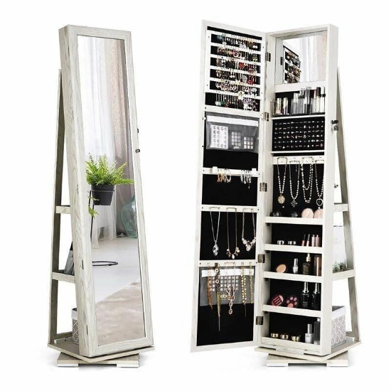 Costway 360 Rotatable Jewelry Cabinet Armoire 2-in-1 Lockable Mirrored, White