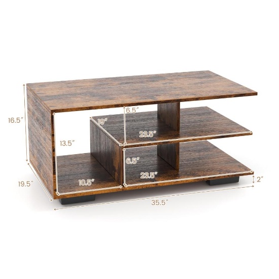 Modern Rectangular Coffee Table w/ L-shaped Middle Shelf - brown