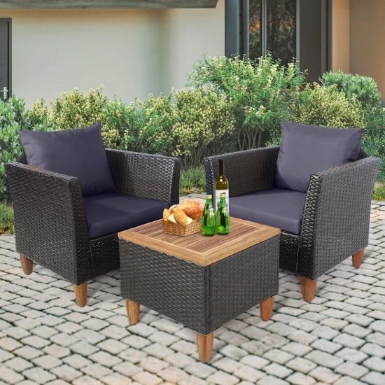 3PCS Patio Outdoor Garden Furniture Rattan Wicker Set w/Acacia Wood Coffee Table