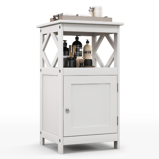 Costway Bathroom Floor Cabinet Side Storage Organizer with Open Shelf & Single Door Grey