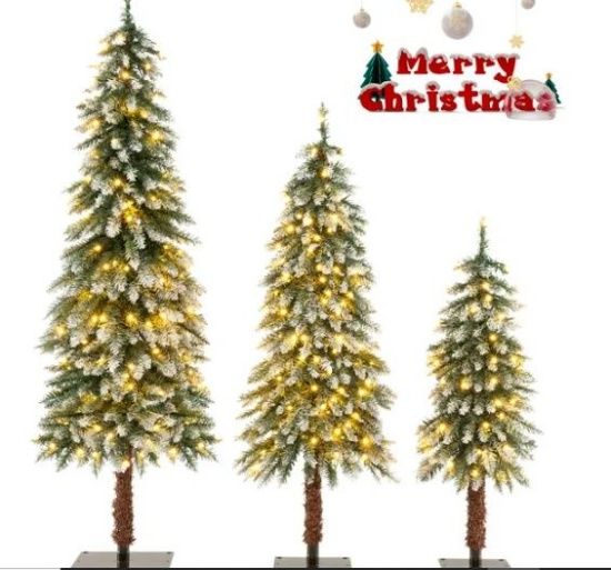 Costway Pre-Lit Christmas Tree Set of 3 Slim Artificial Lighted Xmas Decoration 3/4/5 FT