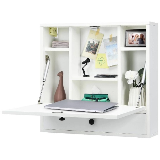 Costway Wall-Mount Floating Desk Foldable Space Saving Laptop Workstation - White